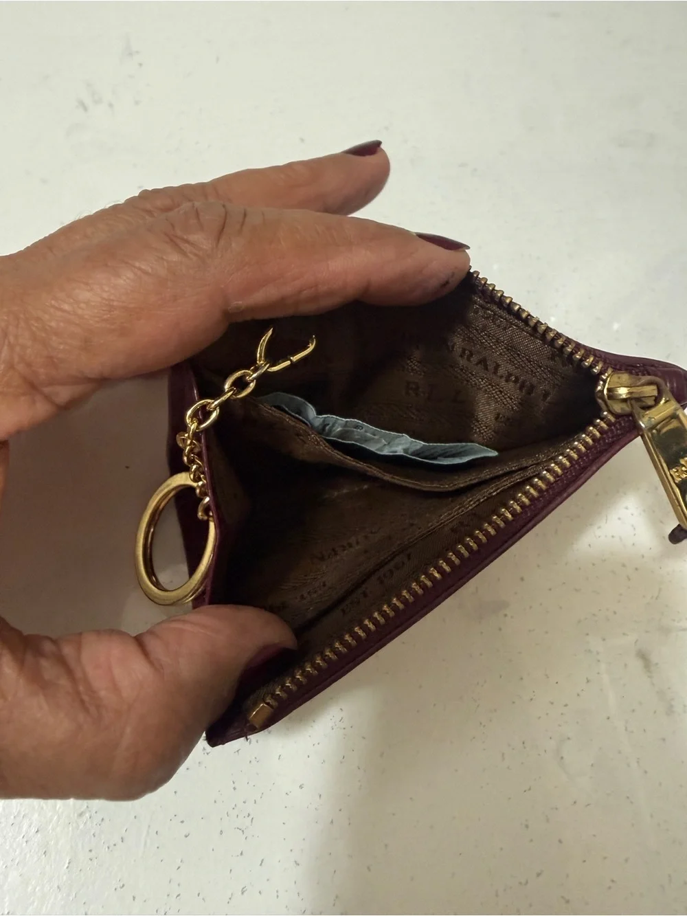 Ralph Lauren Deep Burgundy Leather Key & Card Holder with Gold RL Plaque